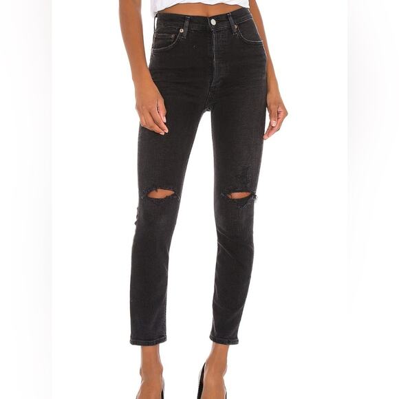 Agolde Nico High Rise Slim Skinny Distressed Ankle Jeans Black Size 24 - Picture 1 of 8